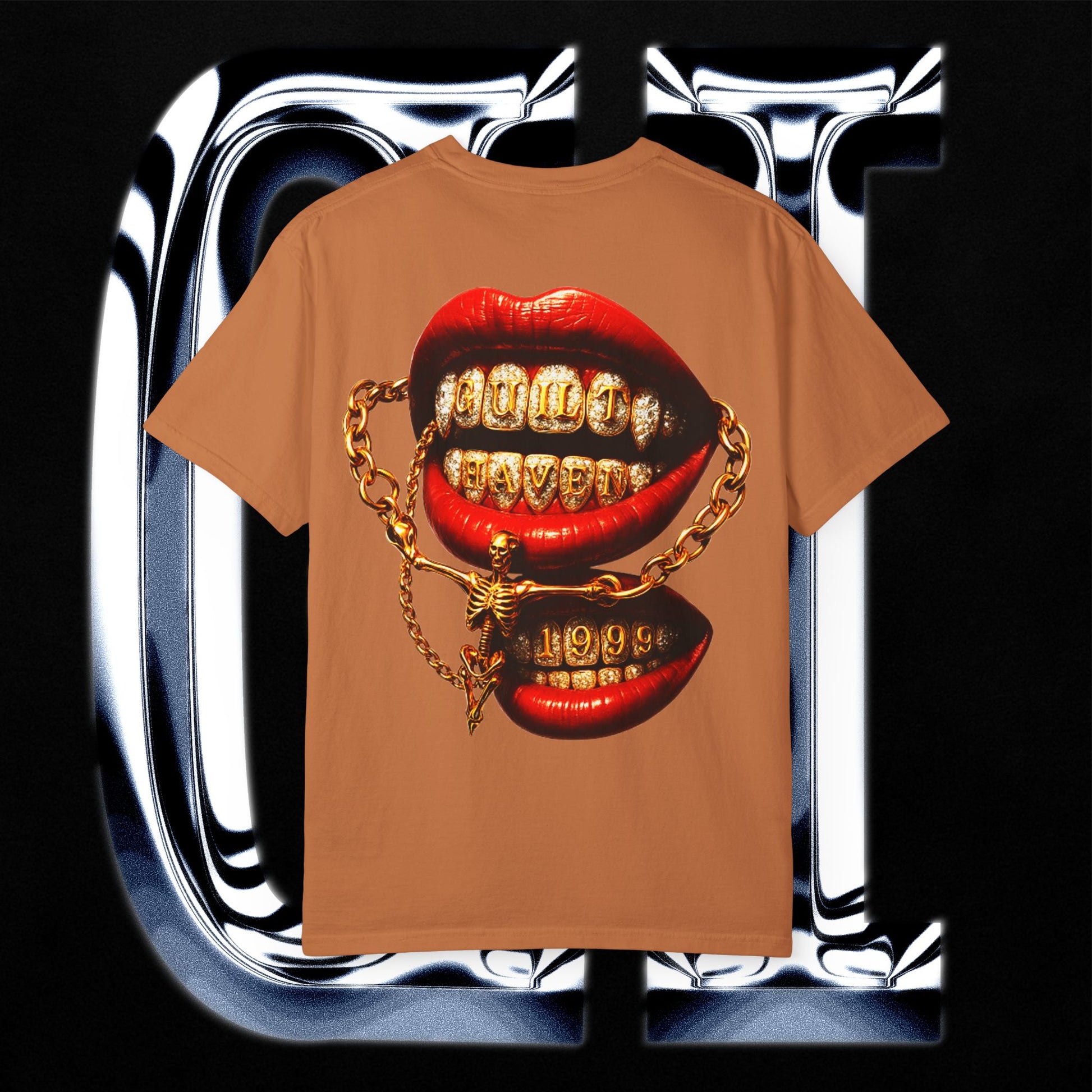 Guilt Haven 1999 Tee – Unisex Garment-Dyed T-Shirt | Gold Grill Lips & Chain Skeleton Graphic on brown background.