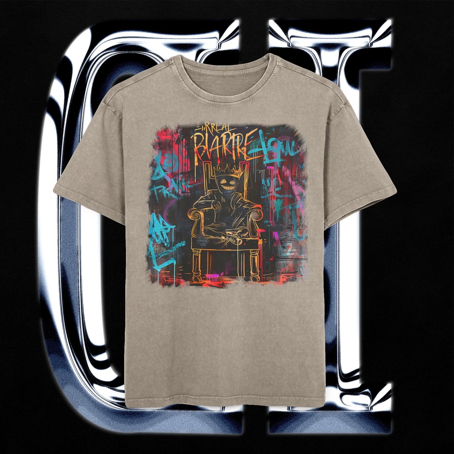 Bizarre King Oversized Acid-Washed T-Shirt – Urban Graffiti Art Streetwear Tee featuring masked figure in throne with vibrant graffiti.