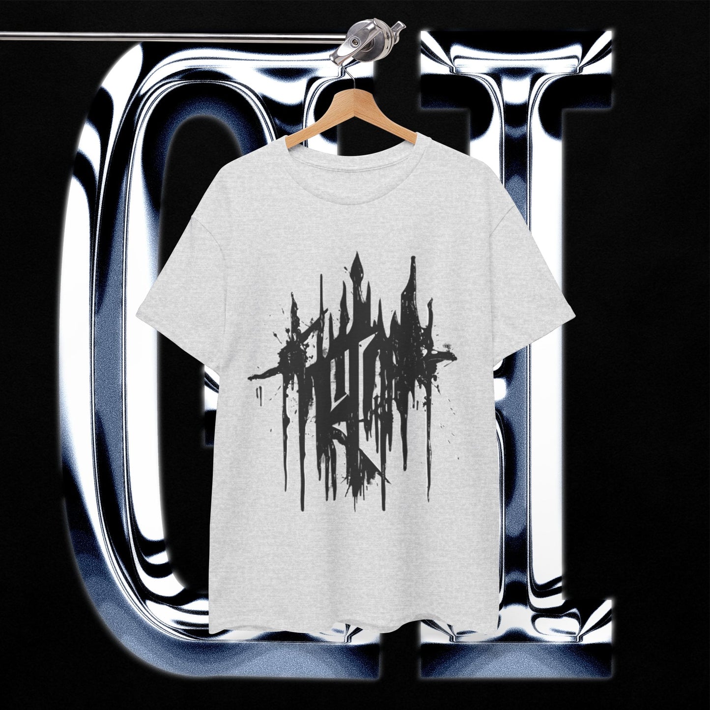 Obsidian Drip Emblem Tee – Unisex Heavy Cotton Graphic Shirt | Gothic Abstract Streetwear displayed on hanger.