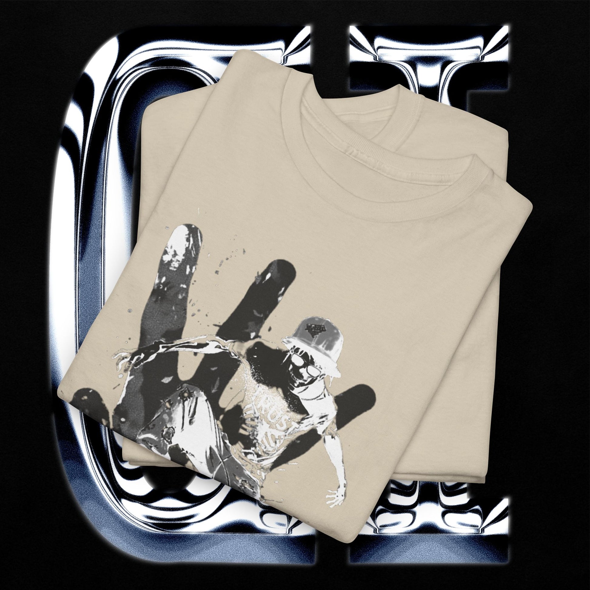 Skater Splash Tee – Unisex Heavy Cotton T-Shirt | Urban Grunge Skateboarding Graphic displayed with urban design background.