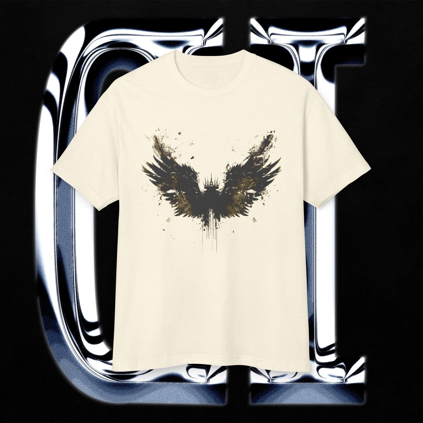 Golden Dusk Wings – Unisex Heavyweight Vintage Tee | Artistic Garment-Dyed Cotton Shirt on a black background with a striking wing design.