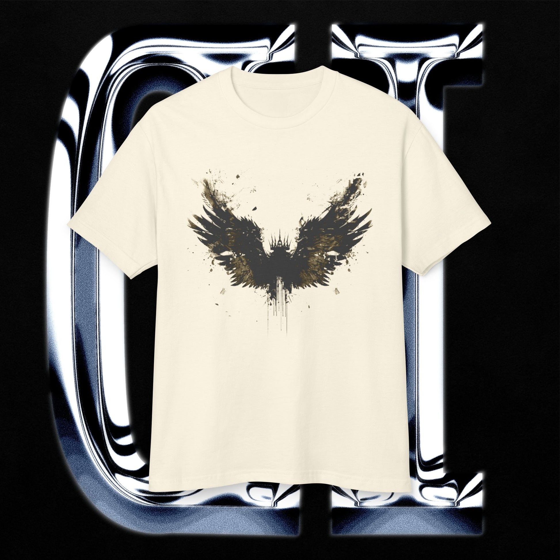Golden Dusk Wings – Unisex Heavyweight Vintage Tee | Artistic Garment-Dyed Cotton Shirt on a black background with a striking wing design.