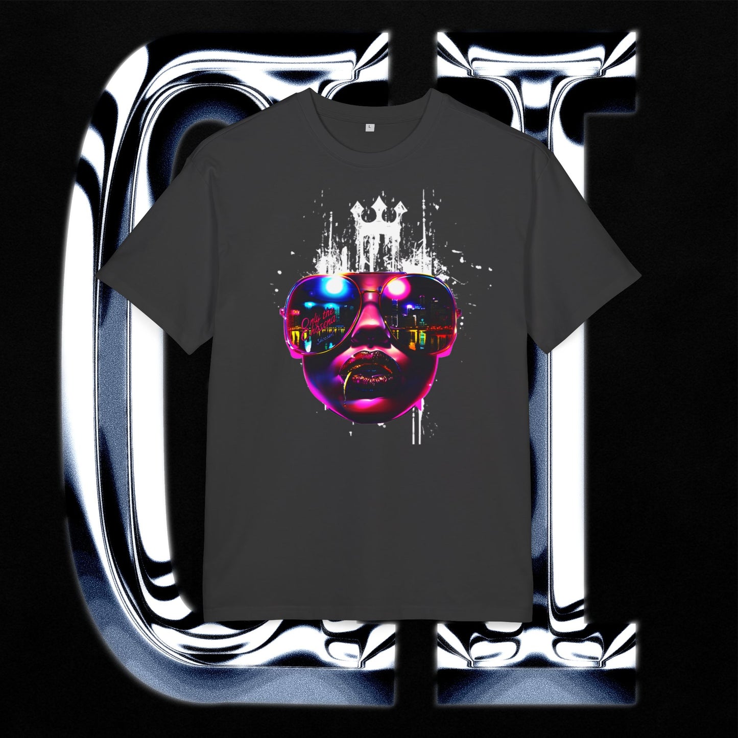 Neon Crown Cityscape Tee – Unisex Heavy Oversized T-Shirt | Retro Futuristic Sunglasses Graphic on dark background