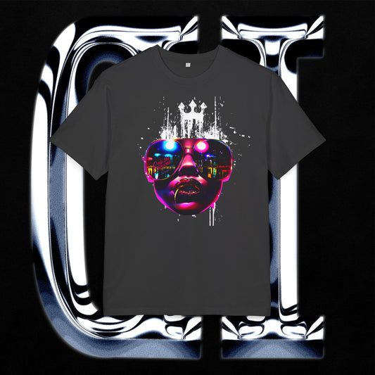 Neon Crown Cityscape Tee – Unisex Heavy Oversized T-Shirt | Retro Futuristic Sunglasses Graphic on dark background