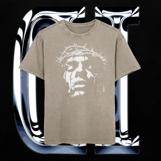 Jesus Wept Oversized Acid-Washed T-Shirt – Faith-Based Streetwear with Crown of Thorns Graphic.