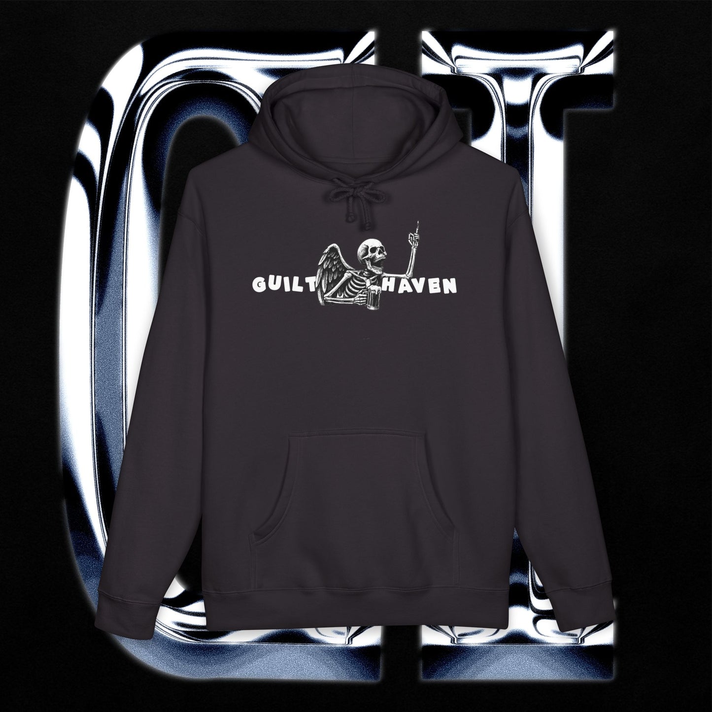 Skeleton graphic pullover hoodie featuring 'Guilt Haven' text and skeleton design on a black background.
