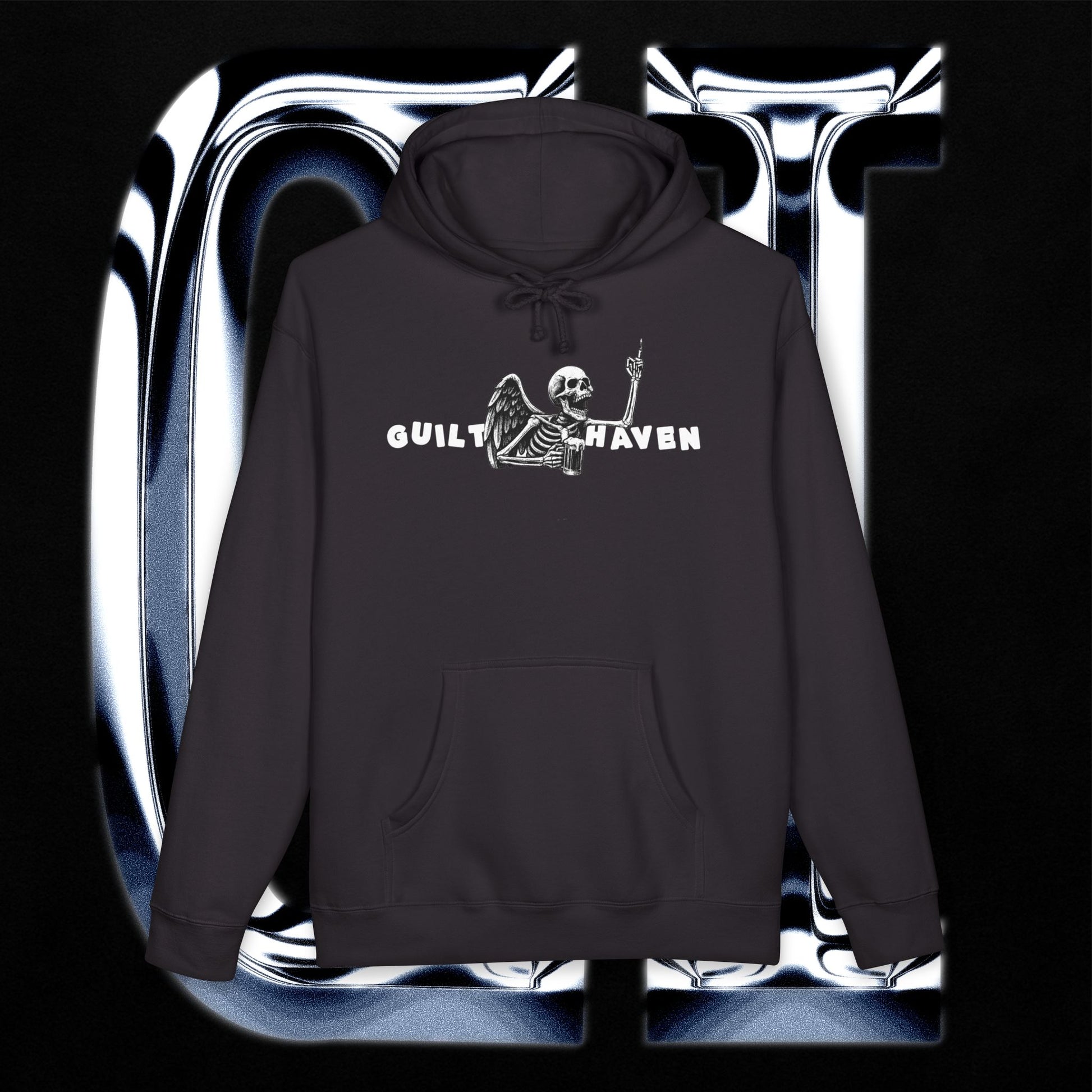 Skeleton graphic pullover hoodie featuring 'Guilt Haven' text and skeleton design on a black background.