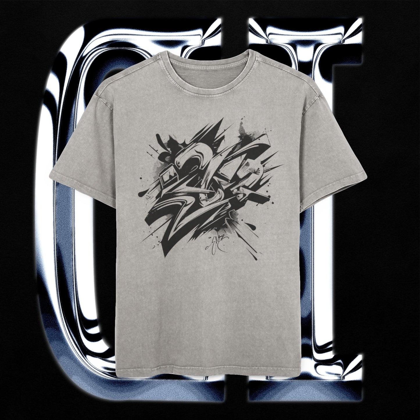Men’s Acid Wash Oversized Graffiti T-Shirt – 100% Cotton Streetwear Tee featuring bold monochrome graphic design.