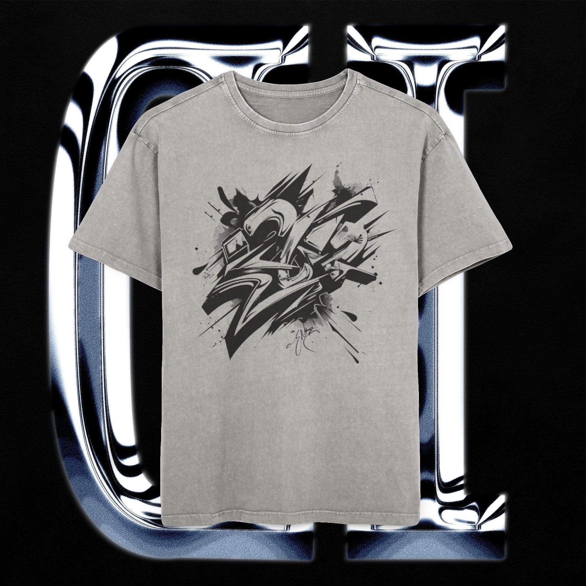 Men’s Acid Wash Oversized Graffiti T-Shirt – 100% Cotton Streetwear Tee featuring bold monochrome graphic design.