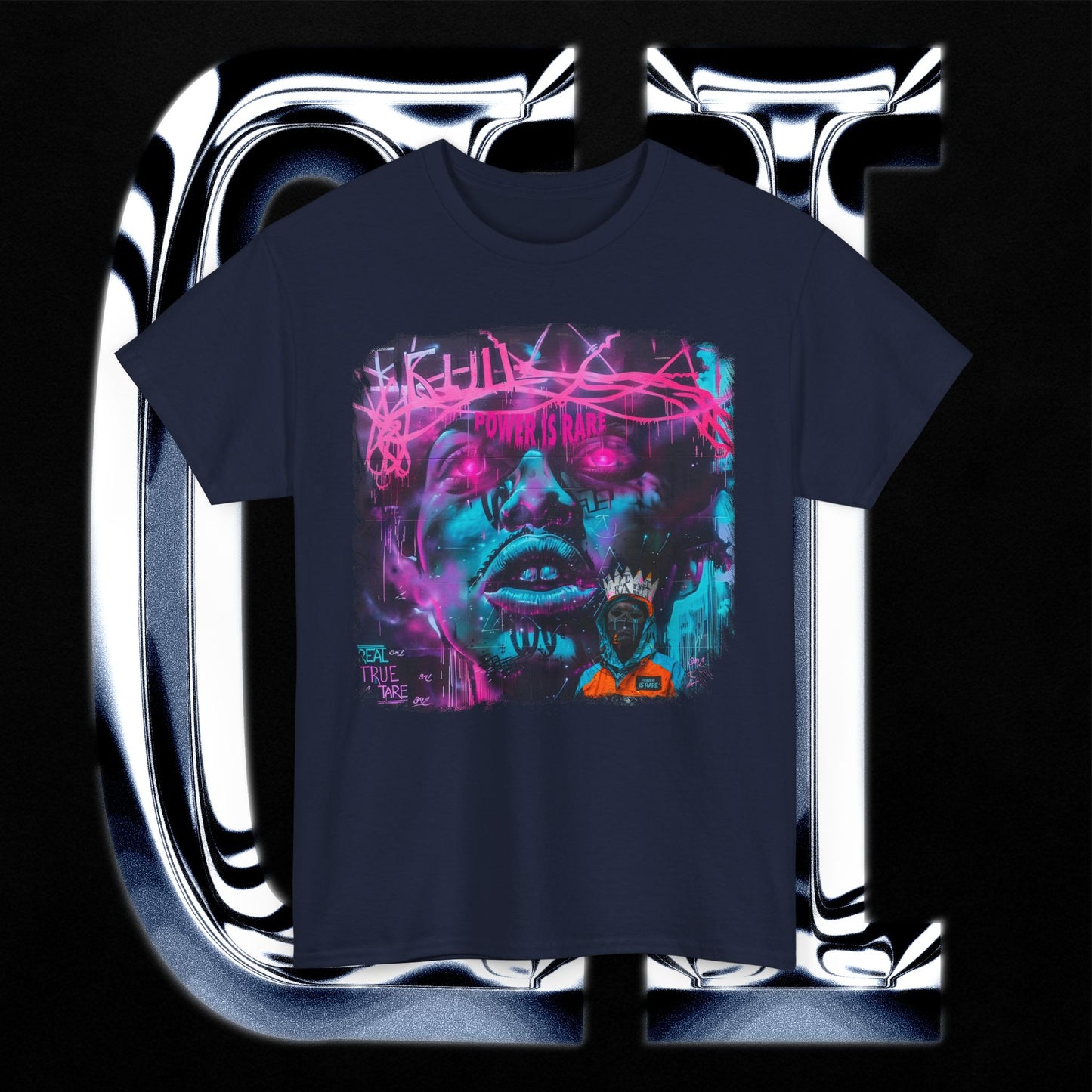 Power Is Rare Unisex Heavy Cotton T-Shirt – Neon Graffiti Art Tee with Futuristic Face Design on a dark background.