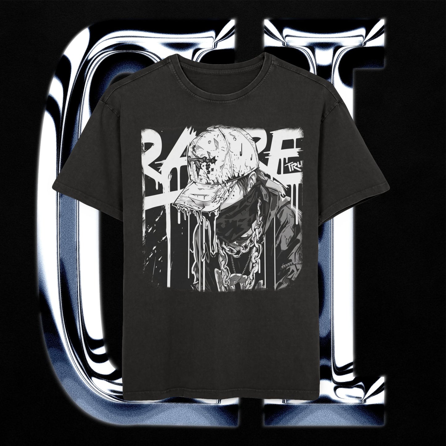 Rare True Streetwear Oversized T-Shirt – Monochrome Drip Art Graphic Tee in 100% Cotton showcasing a bold drip art design.