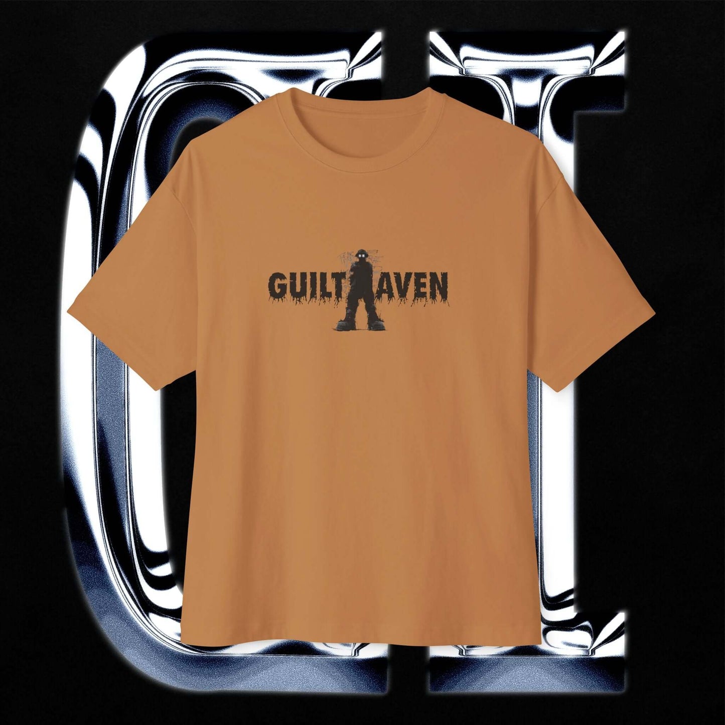 Oversized Boxy Tee XX Fear Guilt Haven Streetwear in orange with Guilt Haven graphic design.