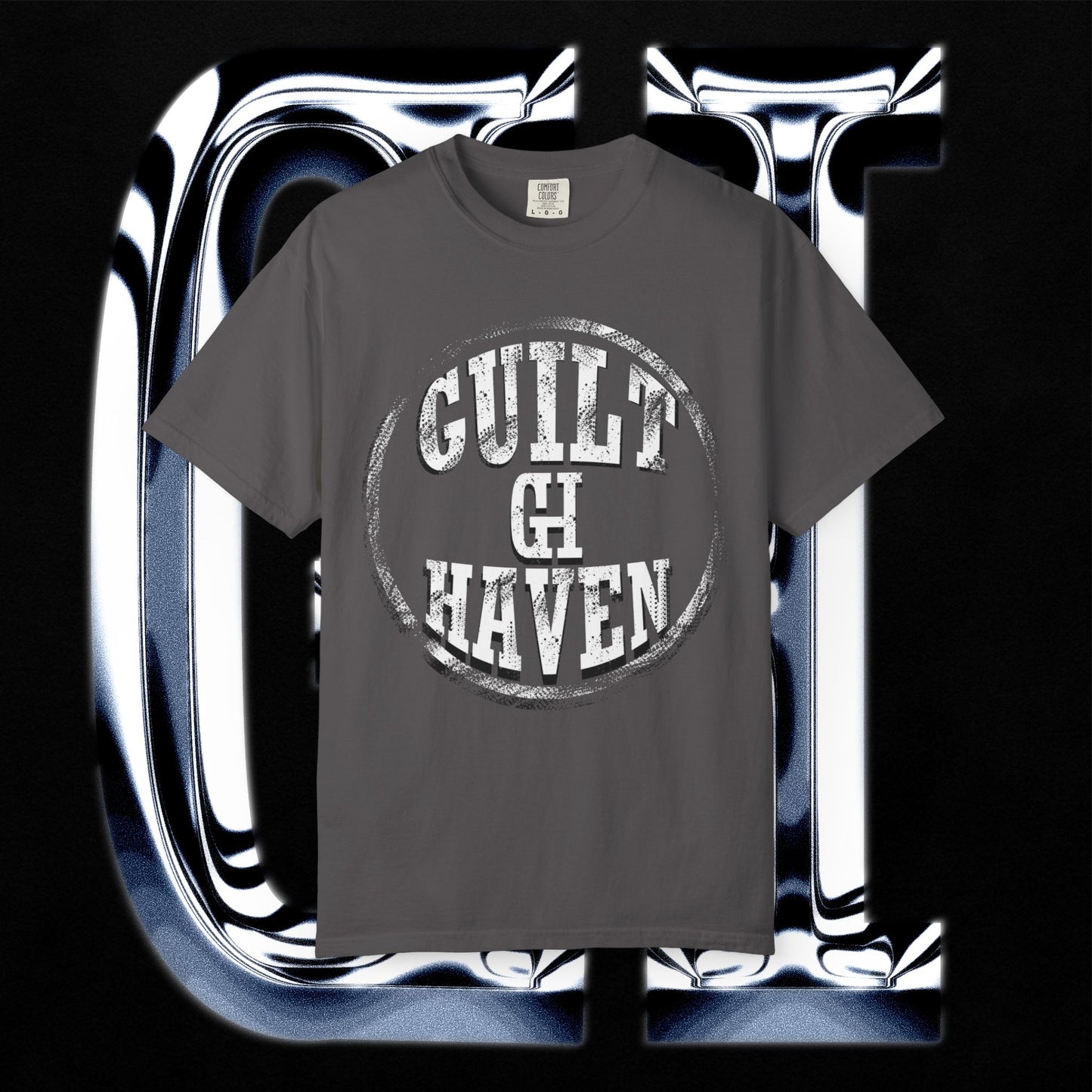 Guilt Haven 1999 Tee – Unisex Garment-Dyed T-Shirt | Gold Grill Lips & Chain Skeleton Graphic on a gray shirt.
