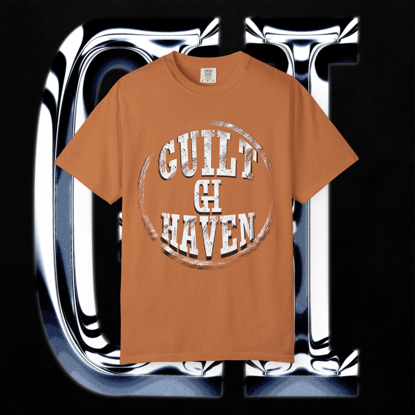 Guilt Haven 1999 Tee – Unisex Garment-Dyed T-Shirt | Gold Grill Lips & Chain Skeleton Graphic on an orange background.