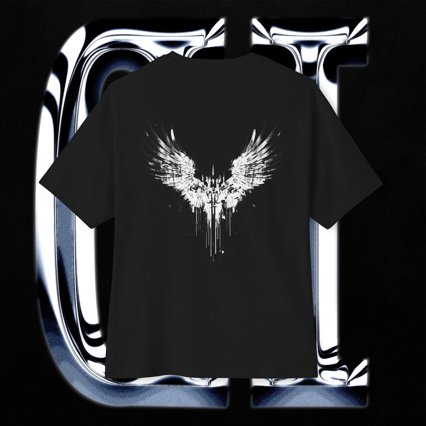 White Eclipse Wings – Unisex Oversized Graphic Tee | Abstract Angel Wing Streetwear Shirt on a black background.