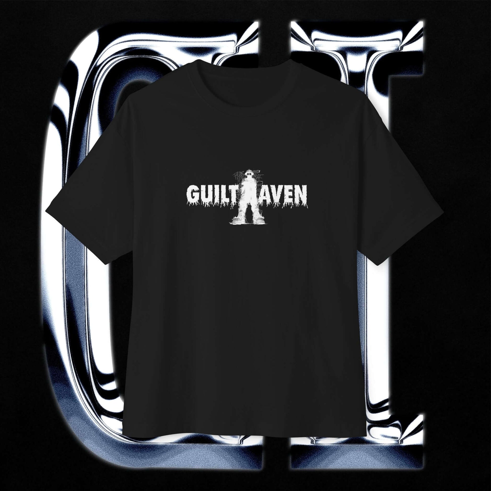 Oversized Boxy Tee XX Fear Guilt Haven Streetwear featuring GUILT HAVEN graphic on a black background.