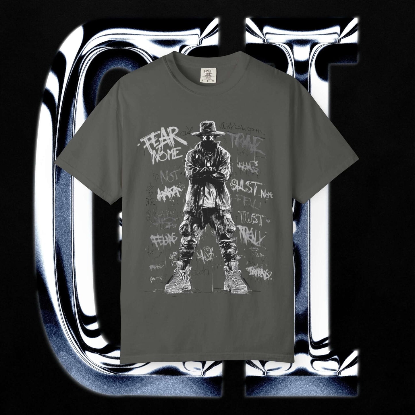 Garment-Dyed Streetwear Tee – Fear Non-Graphic on black background with graffiti art, showcasing unisex style and comfort.