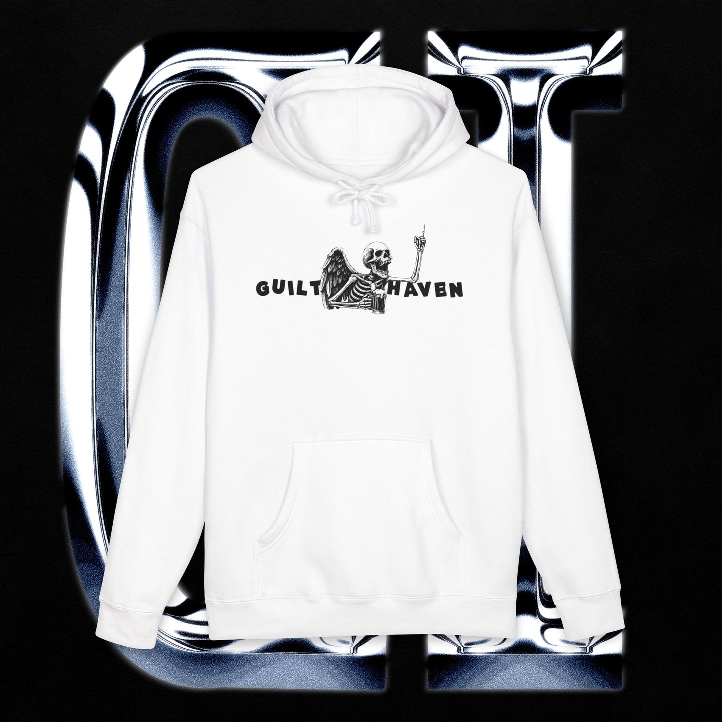 Skeleton graphic pullover hoodie featuring a winged skeleton and 'Guilt Haven' lettering on a white sweatshirt.