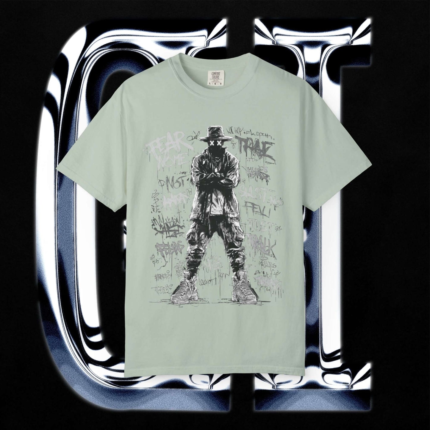Garment-Dyed Streetwear Tee – Fear Non-Graphic in mint color with bold graphic design displayed on dark background.