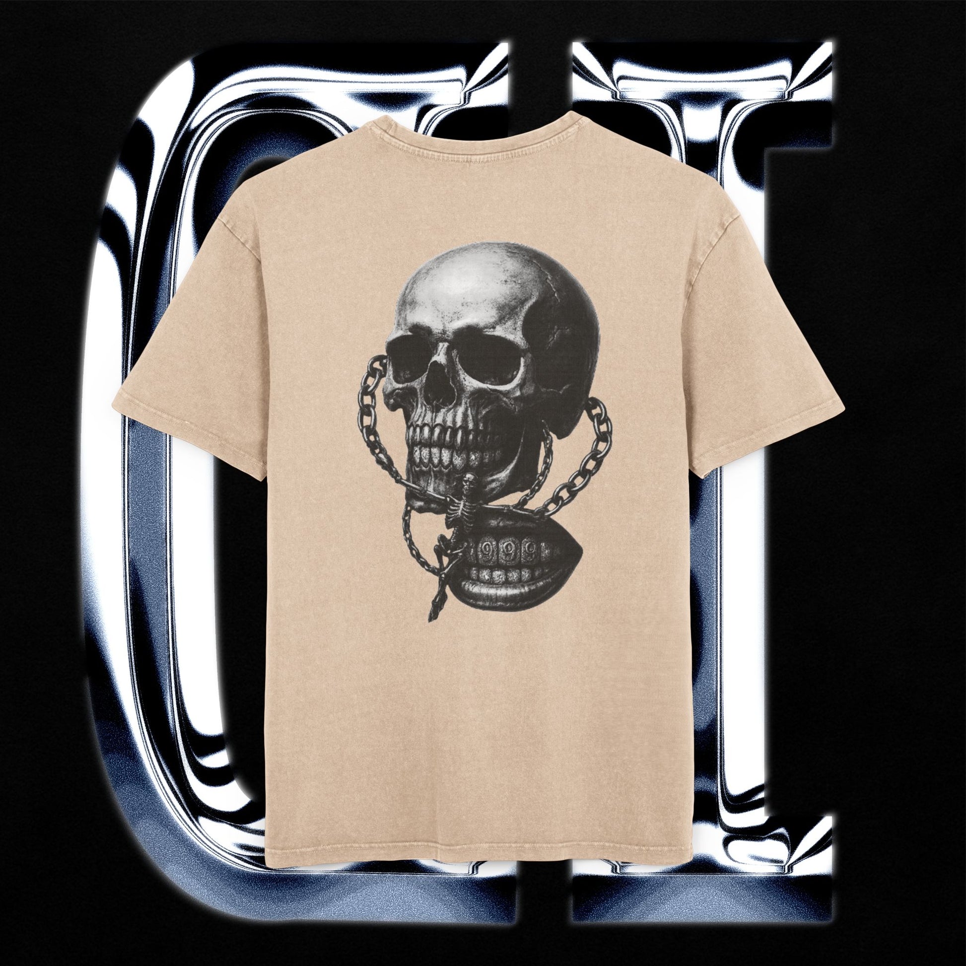 Chain Skull Grenade Tee – Men’s Acid Washed Oversized T-Shirt | Grunge Military Streetwear graphic design featuring skull and grenade.