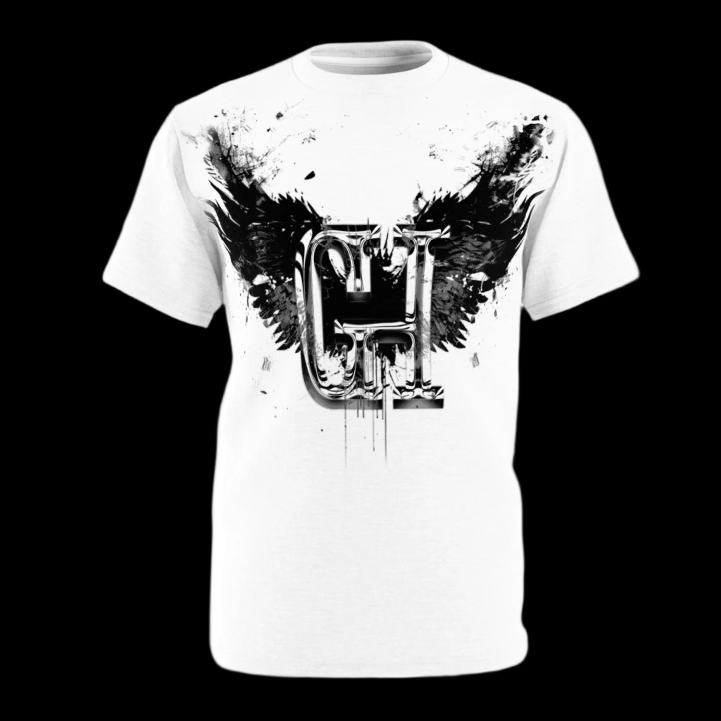 Chrome Guilt Haven Emblem Tee – Unisex Cut & Sew Graphic Shirt | Dark Wing Streetwear Top on a white background.