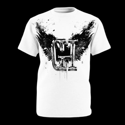 Chrome Guilt Haven Emblem Tee – Unisex Cut & Sew Graphic Shirt | Dark Wing Streetwear Top on a white background.