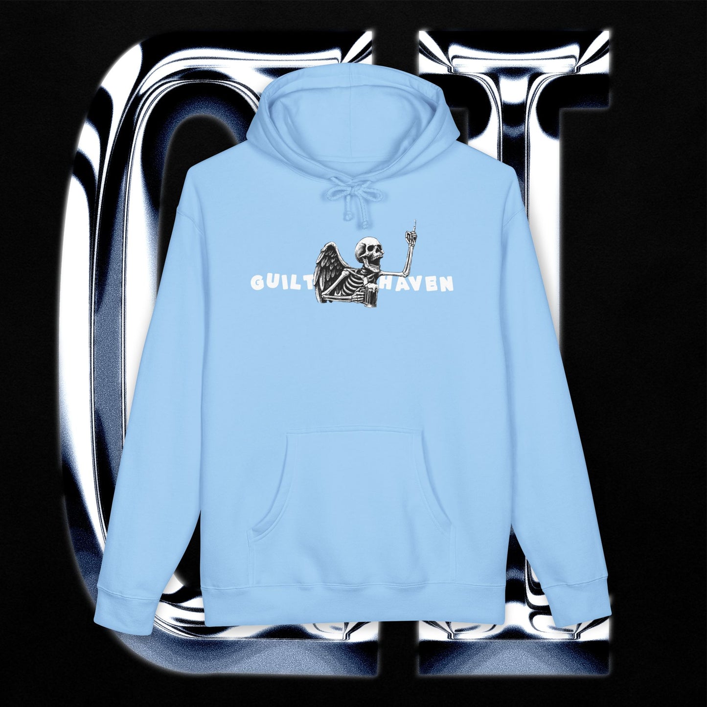 Skeleton graphic pullover hoodie in light blue with ‘Guilt Haven’ design and wings on the front.