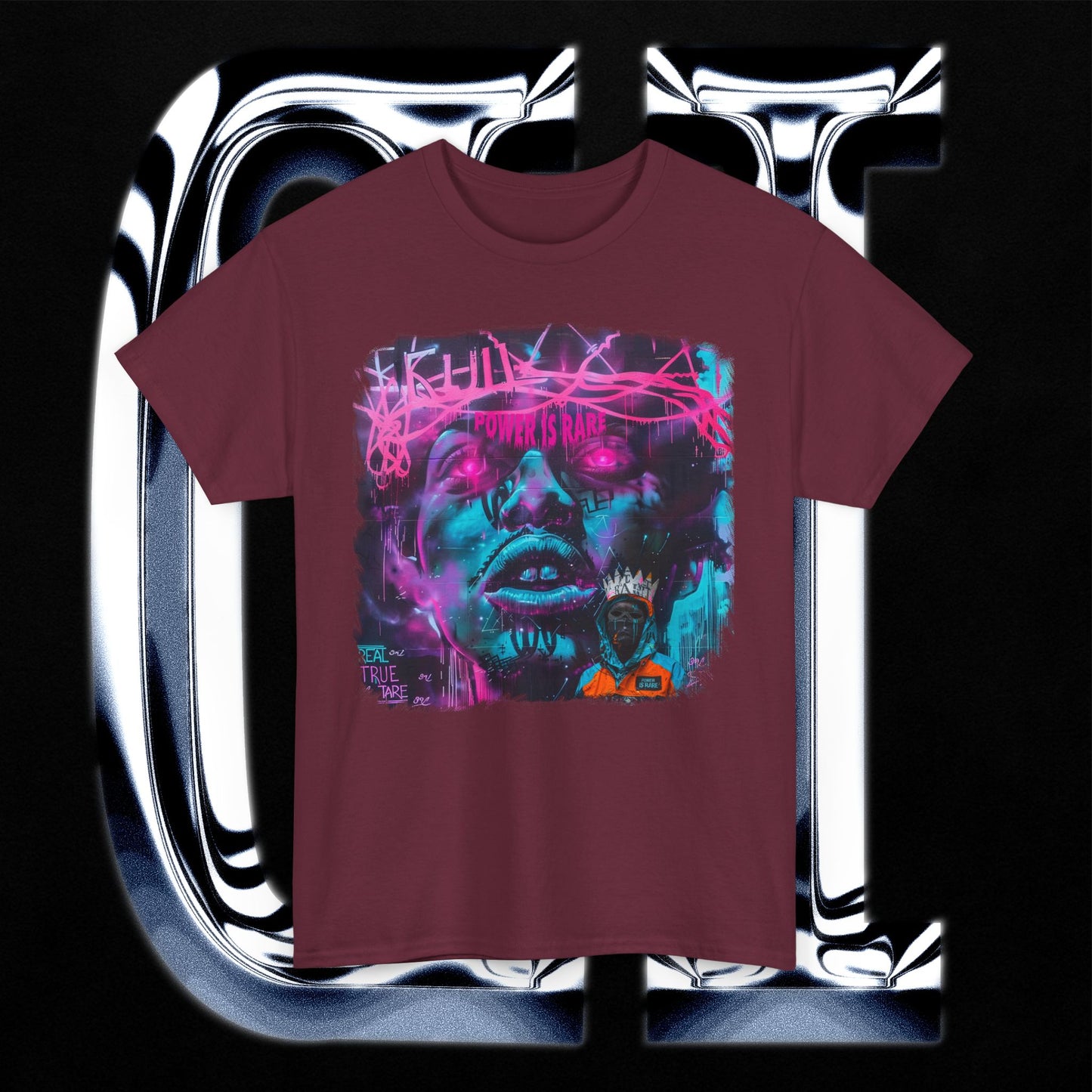 Power Is Rare Unisex Heavy Cotton T-Shirt – Neon Graffiti Art Tee with Futuristic Face Design on a maroon shirt.