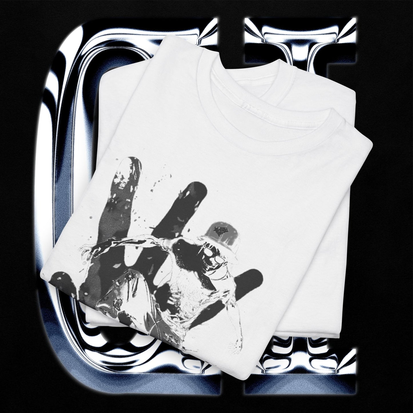 Skater Splash Tee – Unisex Heavy Cotton T-Shirt | Urban Grunge Skateboarding Graphic displayed with artistic hand design.