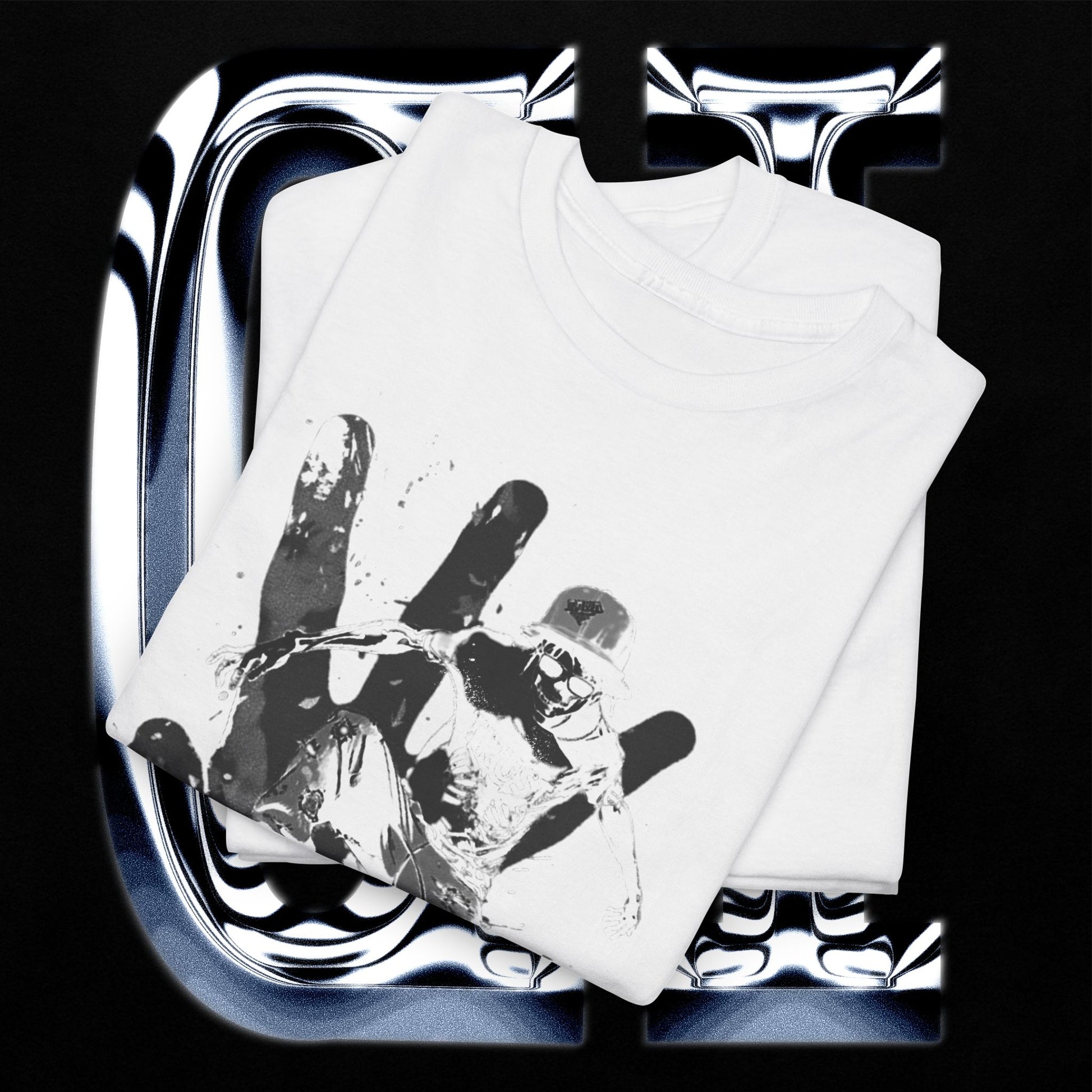 Skater Splash Tee – Unisex Heavy Cotton T-Shirt | Urban Grunge Skateboarding Graphic displayed with artistic hand design.