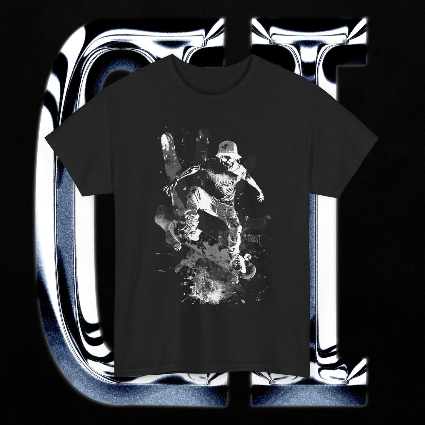 Skater Splash Tee – Unisex Heavy Cotton T-Shirt | Urban Grunge Skateboarding Graphic featuring a skateboarder in mid-air graphic.