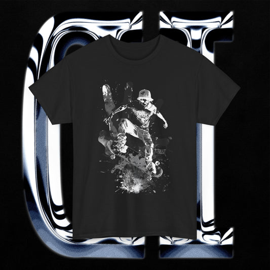 Skater Splash Tee – Unisex Heavy Cotton T-Shirt | Urban Grunge Skateboarding Graphic featuring a skateboarder in mid-air graphic.