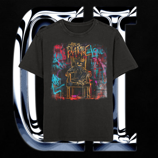 Bizarre King Oversized Acid-Washed T-Shirt – Urban Graffiti Art Streetwear Tee featuring bold graffiti art of a masked figure.