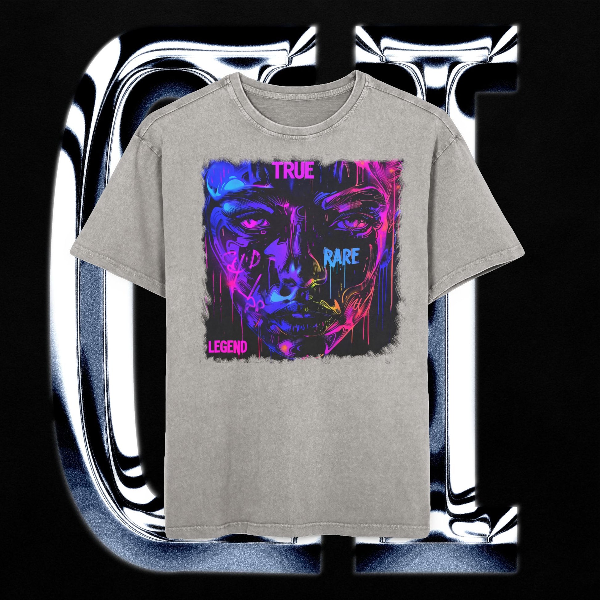 True Rare Legend Oversized Acid-Washed T-Shirt – Unisex Neon Face Graphic Streetwear Tee featuring vibrant graphic design.