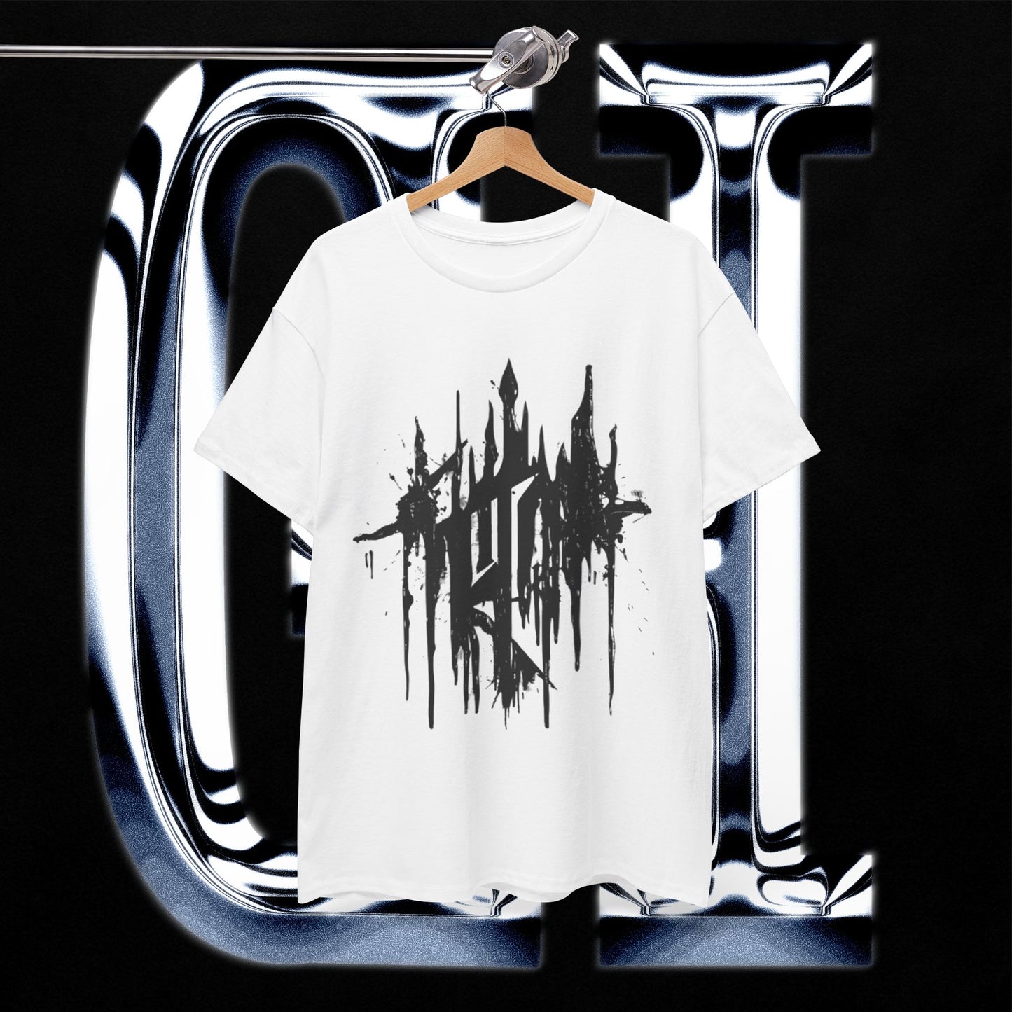 Obsidian Drip Emblem Tee – Unisex Heavy Cotton Graphic Shirt | Gothic Abstract Streetwear on display with black abstract design.