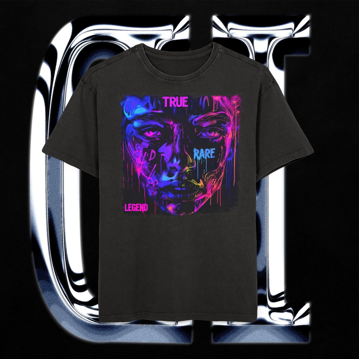 True Rare Legend Oversized Acid-Washed T-Shirt – Unisex Neon Face Graphic Streetwear Tee displayed with neon design.