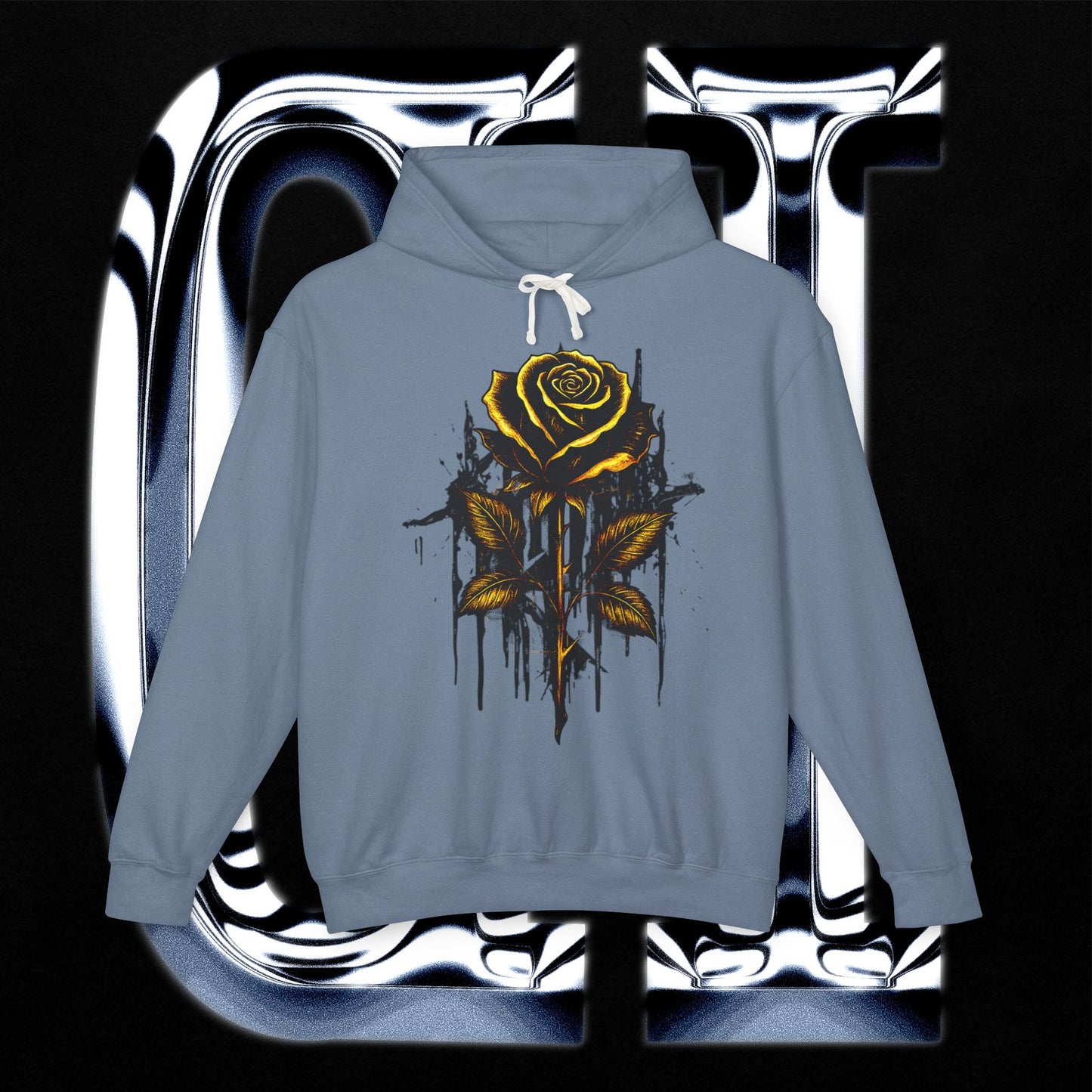 Dripping Gold Rose Hoodie Grunge Floral Graphic