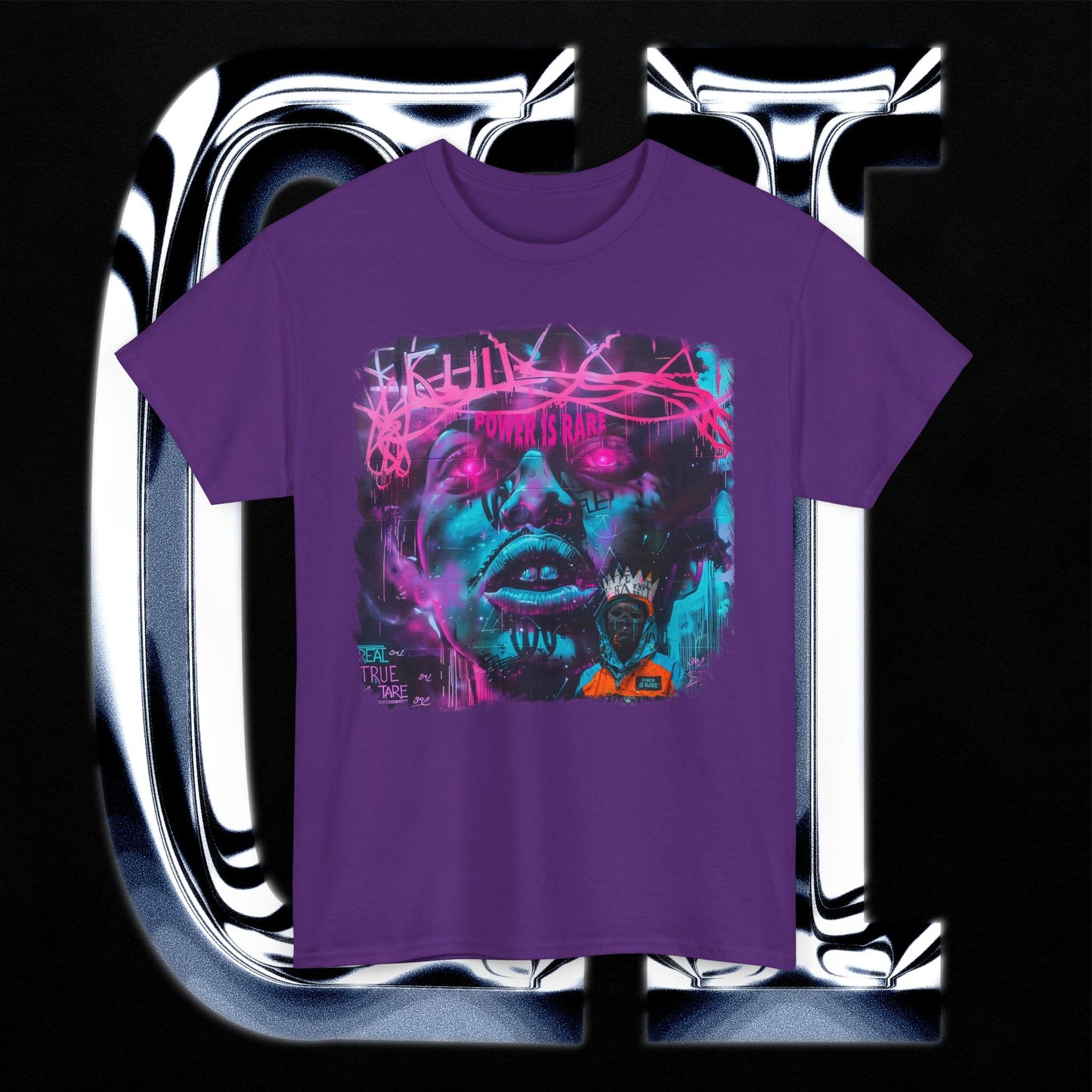 Power Is Rare Unisex Heavy Cotton T-Shirt – Neon Graffiti Art Tee with Futuristic Face Design featuring vibrant purple fabric.