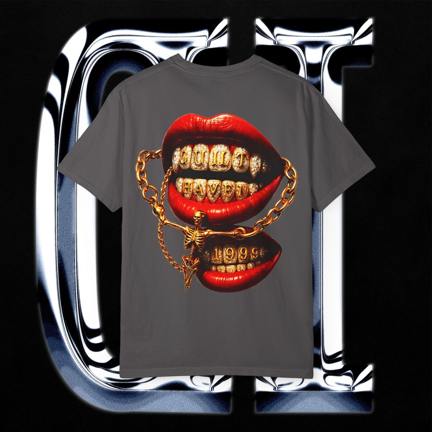 Guilt Haven 1999 Tee – Unisex Garment-Dyed T-Shirt | Gold Grill Lips & Chain Skeleton Graphic on a gray background.