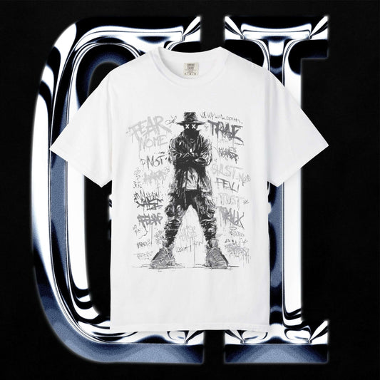 Garment-Dyed Streetwear Tee – Fear Non-Graphic featuring bold artwork on a white t-shirt against a stylish background.