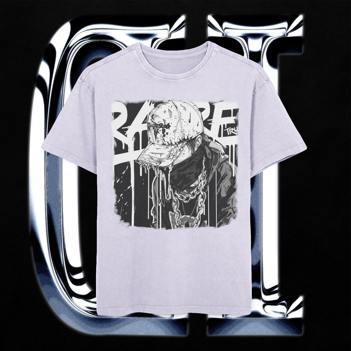Rare True Streetwear Oversized T-Shirt – Monochrome Drip Art Graphic Tee in 100% Cotton displayed on a black background.