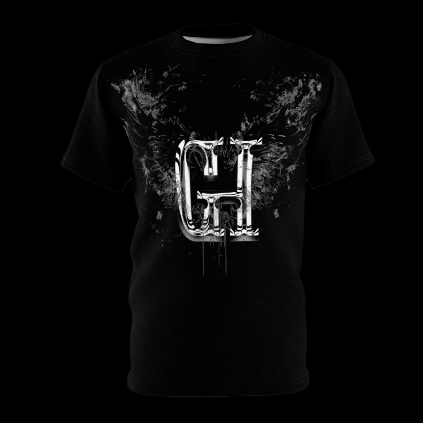 Chrome Guilt Haven Emblem Tee – Unisex Cut & Sew Graphic Shirt | Dark Wing Streetwear Top on black background.