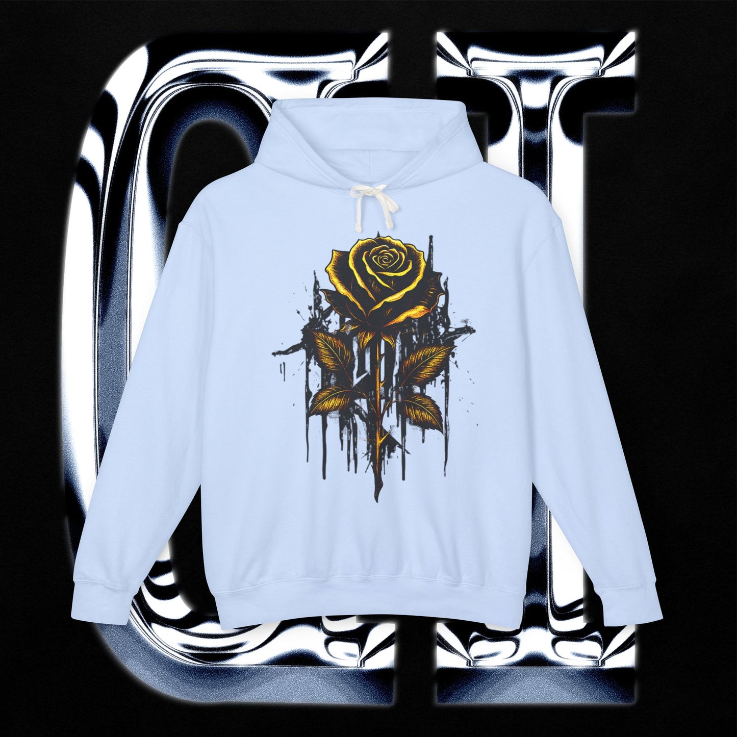 Dripping Gold Rose Hoodie featuring a charcoal and gold rose graphic on a light blue background.