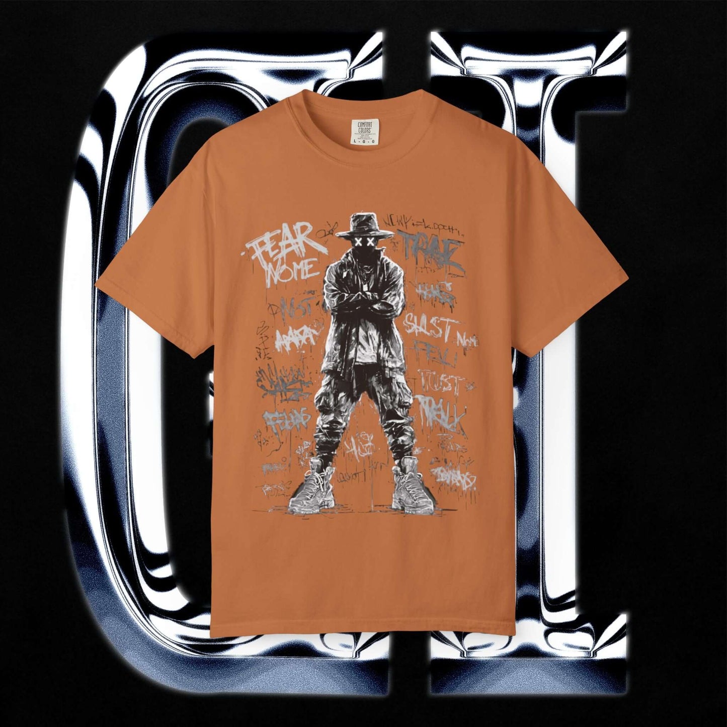 Garment-Dyed Streetwear Tee – Fear Non-Graphic featuring bold graphic design on orange t-shirt.
