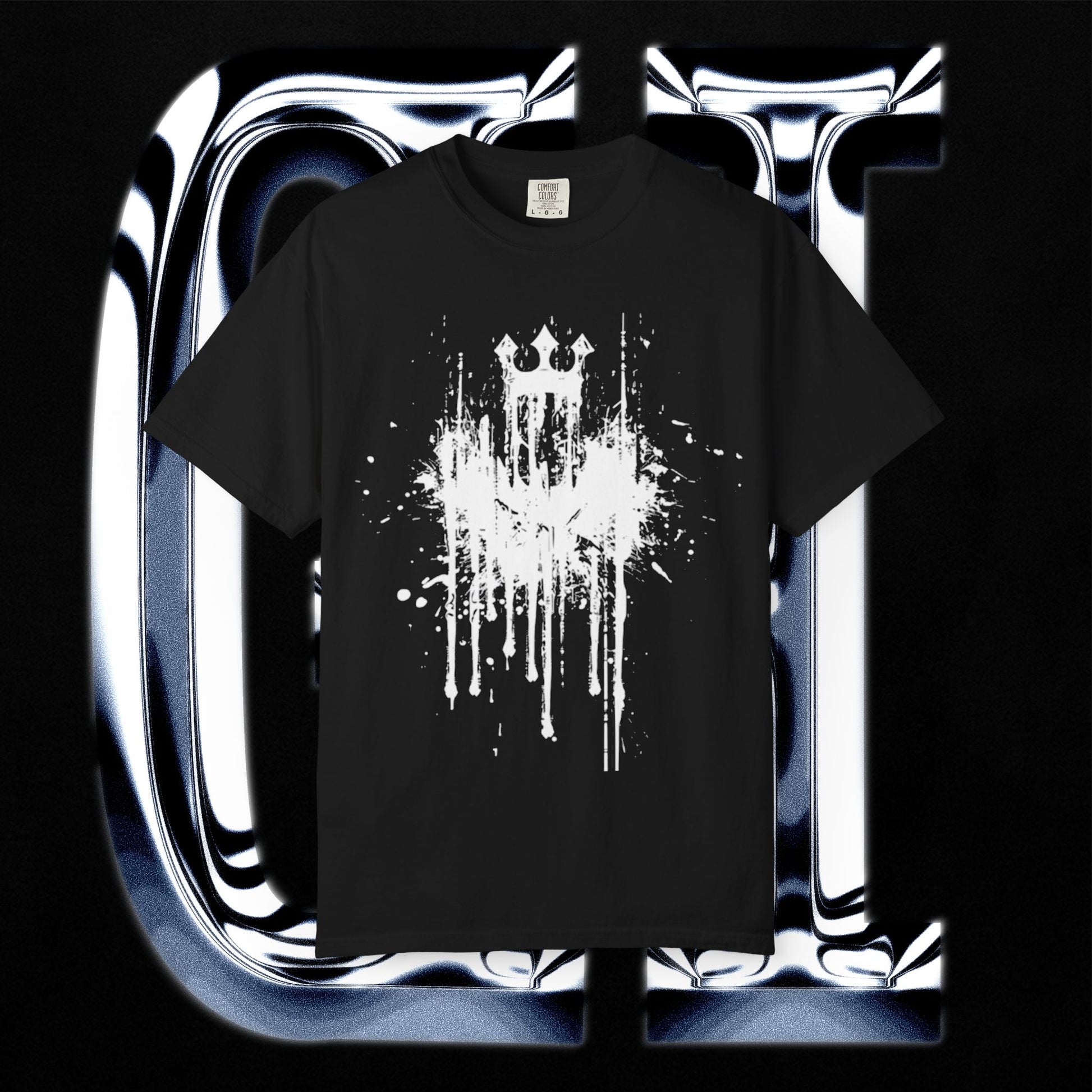 Crowned Chaos Tee – Unisex Garment-Dyed T-Shirt | Black Splatter Grunge Graphic on black background