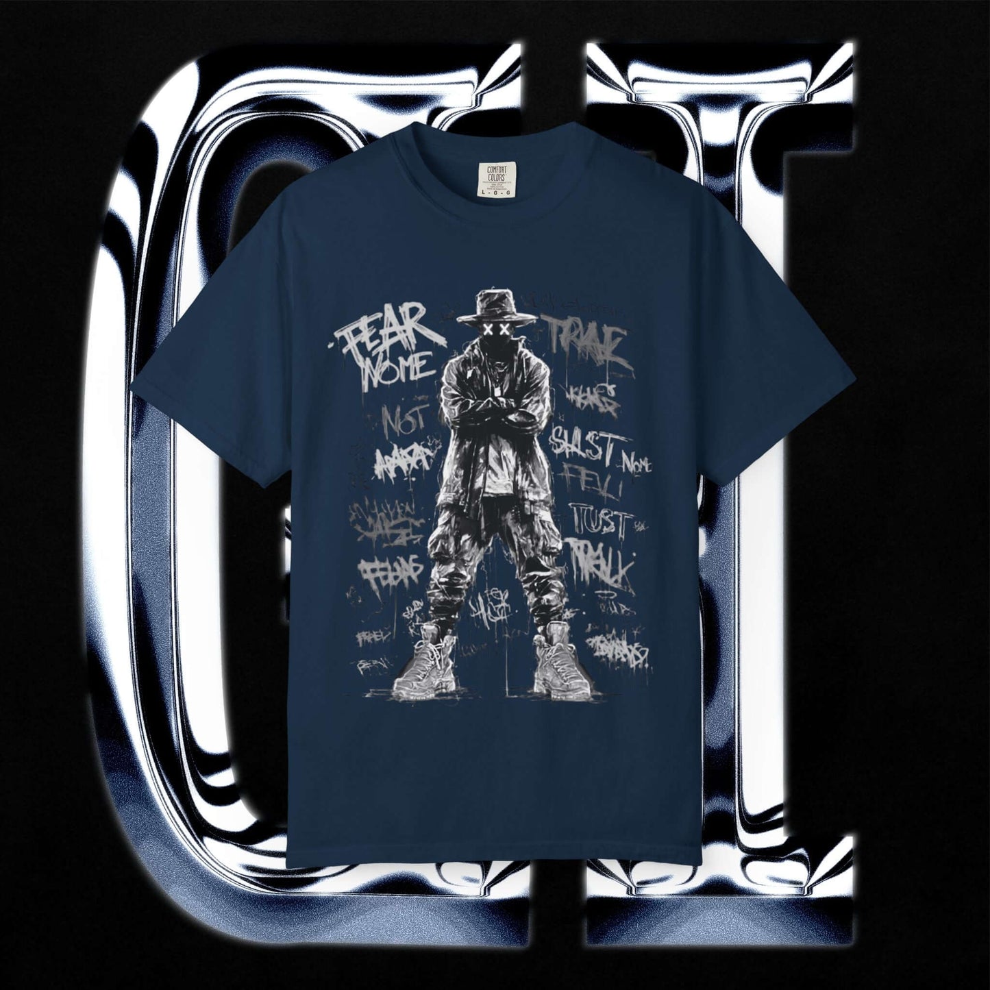 Garment-Dyed Streetwear Tee – Fear Non-Graphic featuring bold Fear None graphic design on navy fabric.