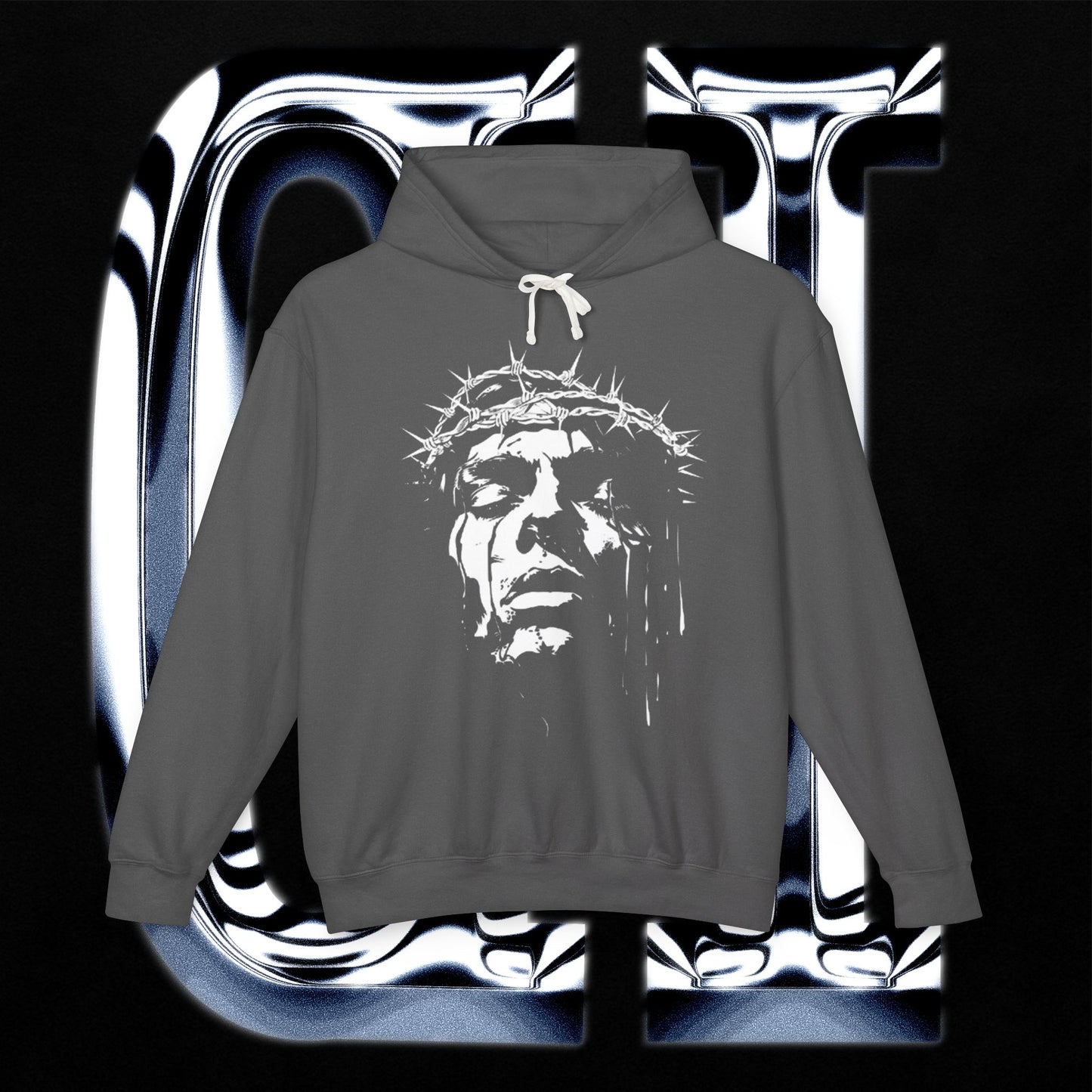 Crown of Thorns hoodie in charcoal gray featuring distressed sacred face graphic on pullover design.