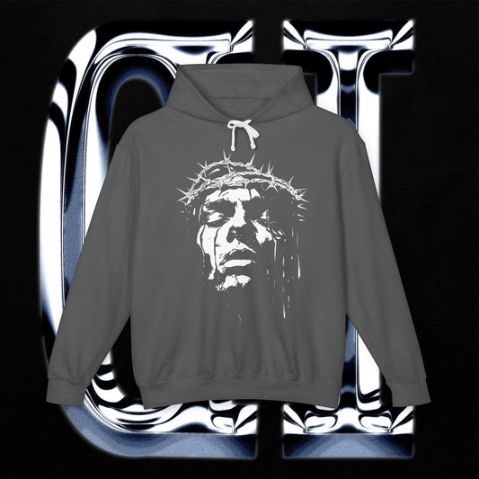 Crown of Thorns hoodie in charcoal gray featuring distressed sacred face graphic on pullover design.