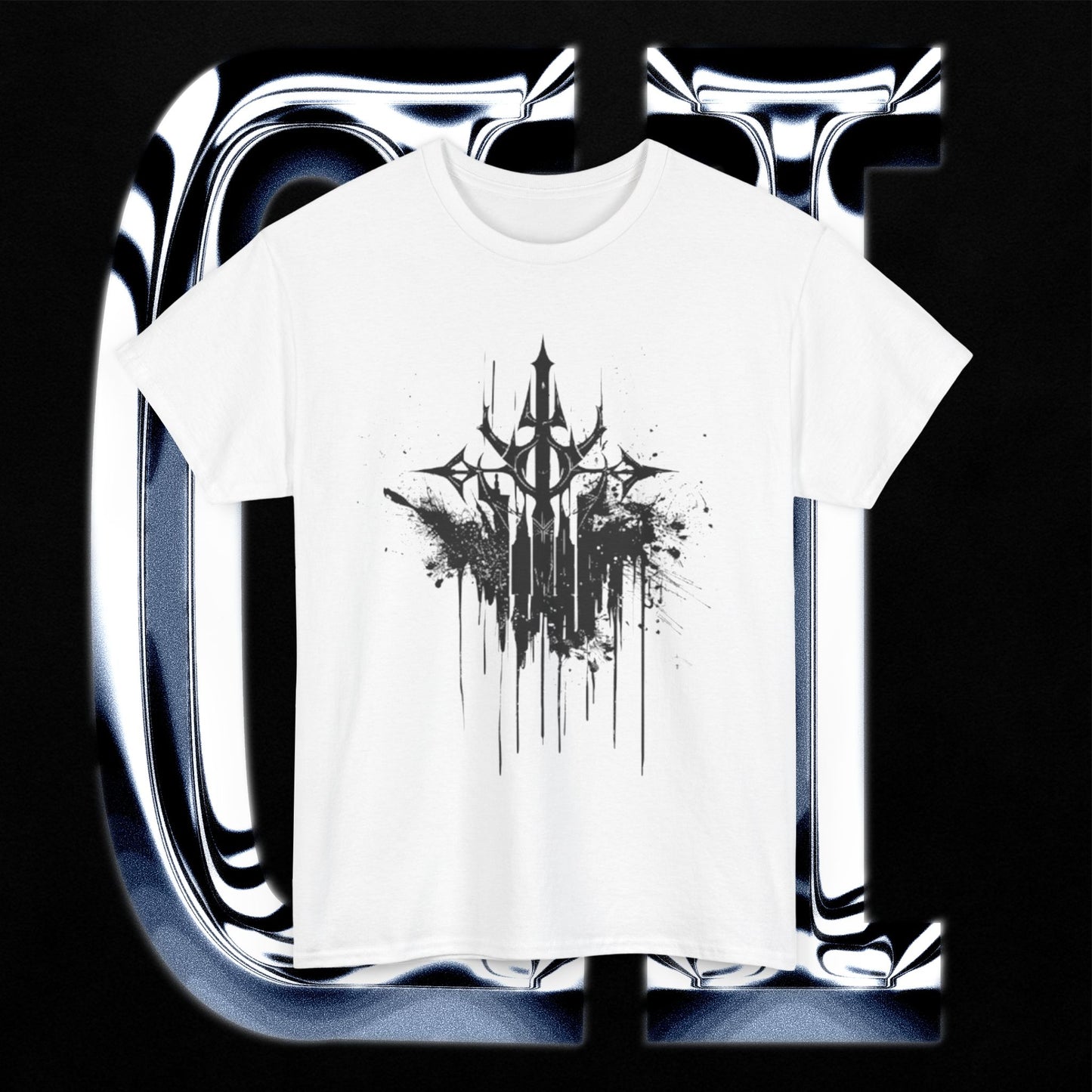 Trident Eclipse Tee – Unisex Heavy Cotton T-Shirt | Black Ink Symbol Graphic on a white backdrop