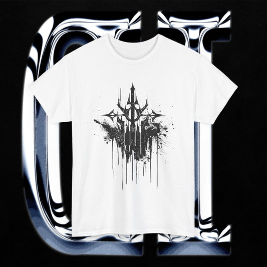 Trident Eclipse Tee – Unisex Heavy Cotton T-Shirt | Black Ink Symbol Graphic on a white backdrop